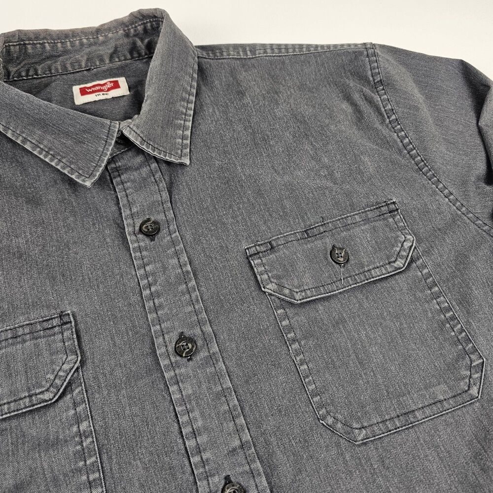 Wrangler Mens XL Gray Chambray Work Shirt Long Sleeve Western Snap Front Stretch